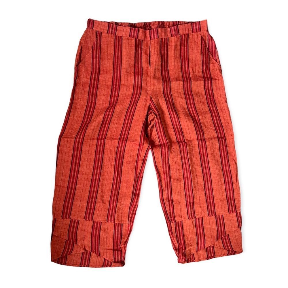 Red Stripe Linen Tulip Hem Flowy Pants